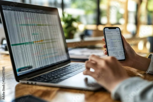 Man multitasking with phone and laptop, focused on financial results. photo