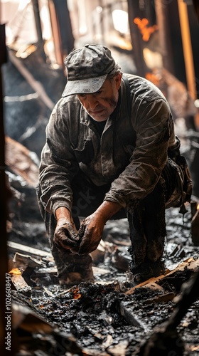 Determined Fire Investigator Examining Evidence in Burned Building