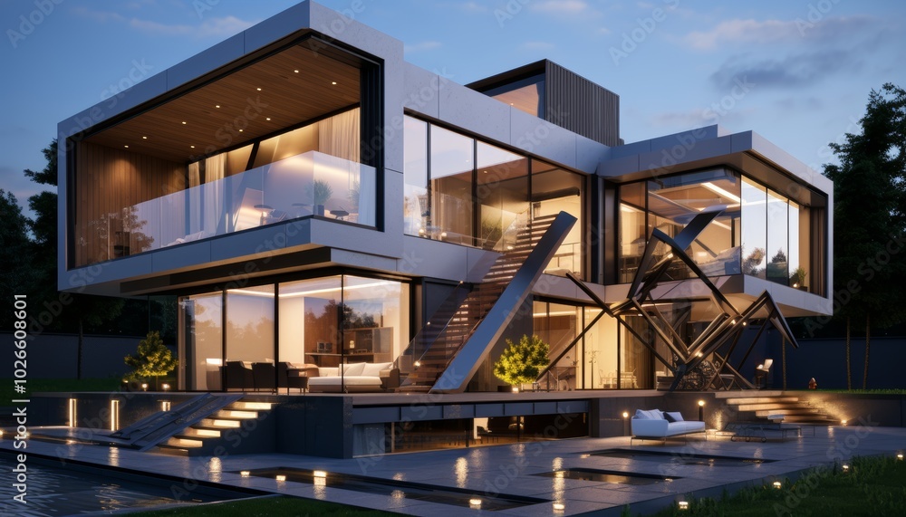 Stylish country house with unique geometric shapes in elegant business colors and modern design Stylish country house with unique geometric shapes in elegant business colors and modern design