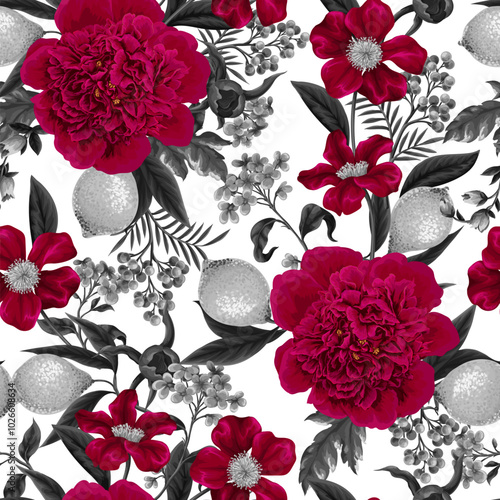 Seamless pattern with peonies, lemons and other flowers. Vector.
