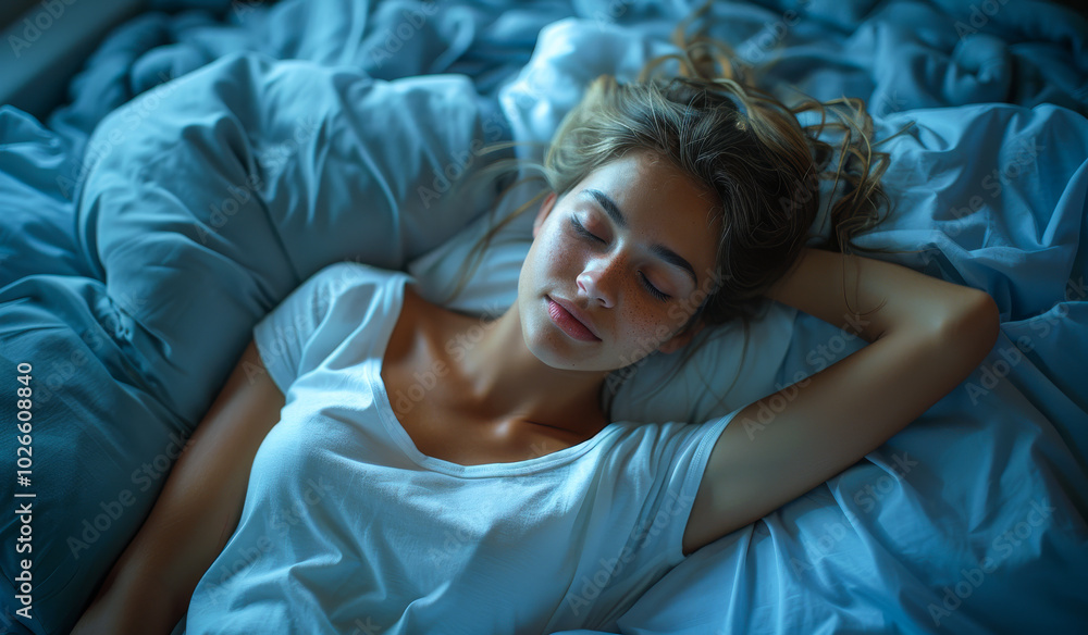A woman is sleeping on a bed with her head on a pillow. She is smiling and she is in a relaxed state. A woman is sleeping on a bed with her head on a pillow. She is smiling and she is in a relaxed state.