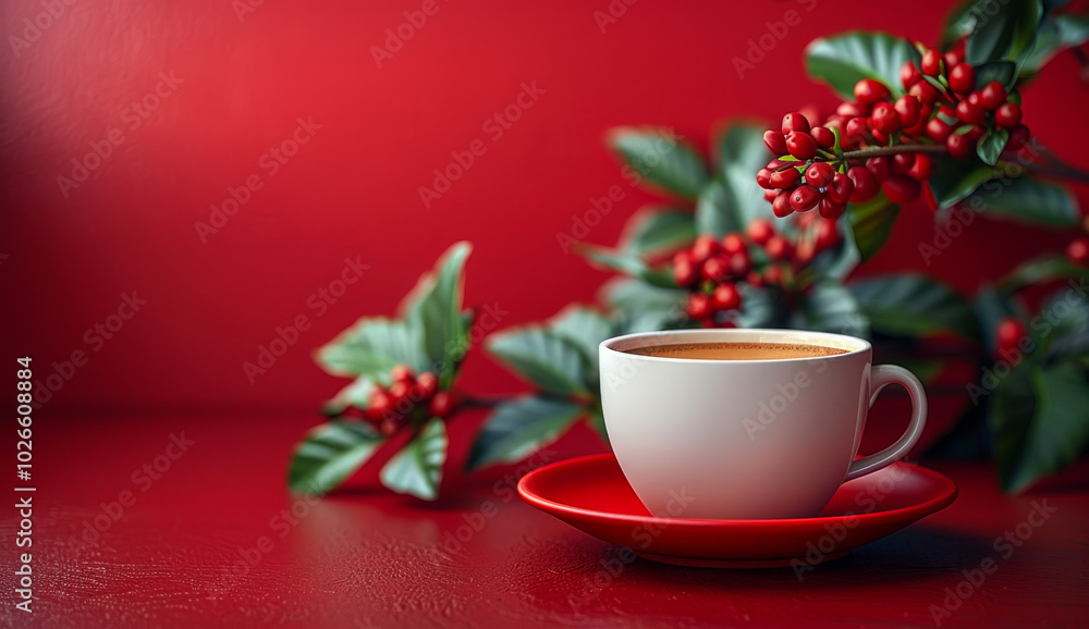 A white coffee cup with a red saucer sits on a red table. The cup is filled with coffee and surrounded by red berries. Concept of warmth and comfort, as the coffee and berries create a cozy. A white coffee cup with a red saucer sits on a red table. The cup is filled with coffee and surrounded by red berries. Concept of warmth and comfort, as the coffee and berries create a cozy.