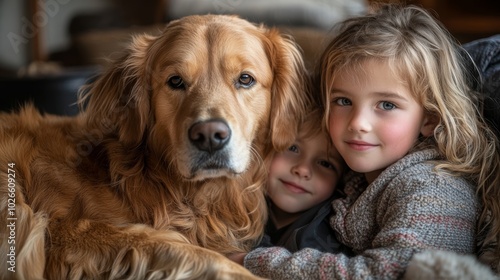 Happy Family with Golden Retriever in Natural Light, Perfect for Family and Pet Photography Generative AI