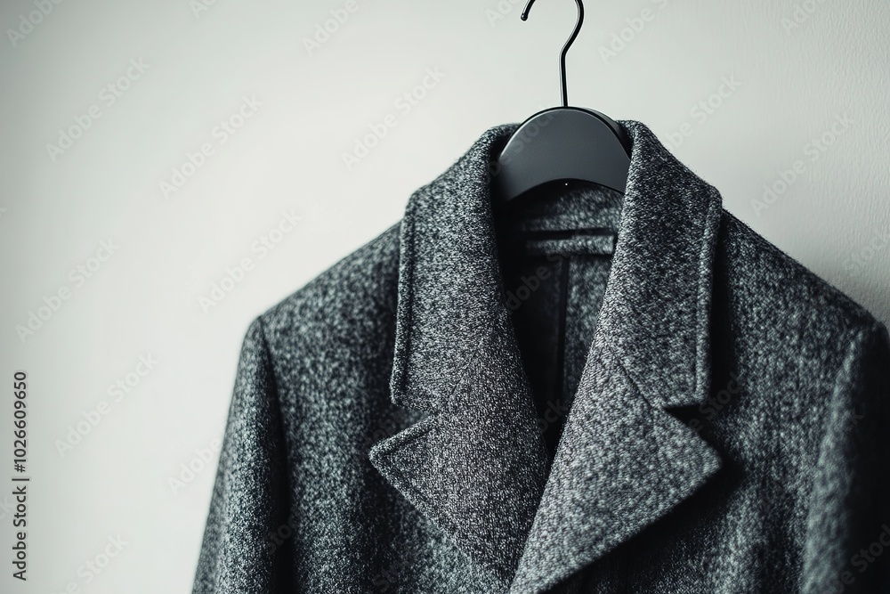Close-up of a stylish gray overcoat hanging on a hanger against a minimalist background. Close-up of a stylish gray overcoat hanging on a hanger against a minimalist background.