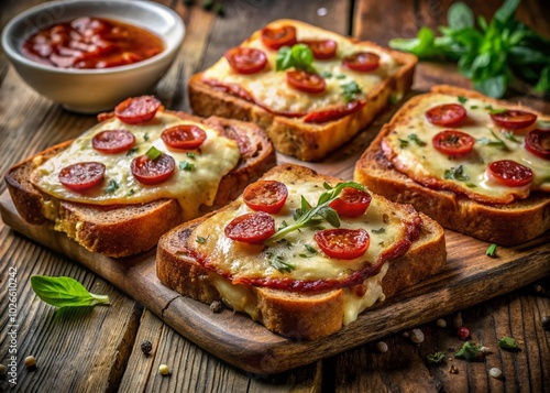 Delight in crispy, vintage-style baked toasts topped with zesty pepperoni and gooey mozzarella—a perfect treat for food lovers seeking savory