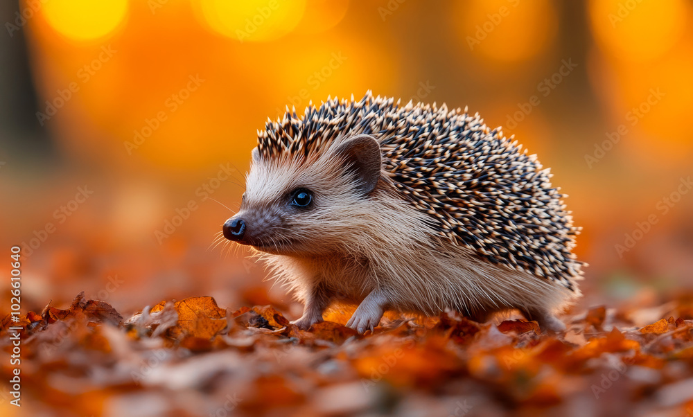 A small brown and white hedgehog is standing on a pile of leaves. The leaves are orange and the hedgehog is looking up at the camera. A small brown and white hedgehog is standing on a pile of leaves. The leaves are orange and the hedgehog is looking up at the camera.