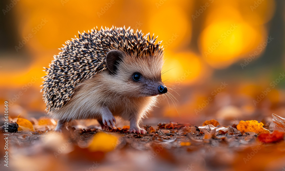 A small brown and white hedgehog is standing on a pile of leaves. The leaves are orange and yellow, giving the scene a warm and cozy feeling. A small brown and white hedgehog is standing on a pile of leaves. The leaves are orange and yellow, giving the scene a warm and cozy feeling.