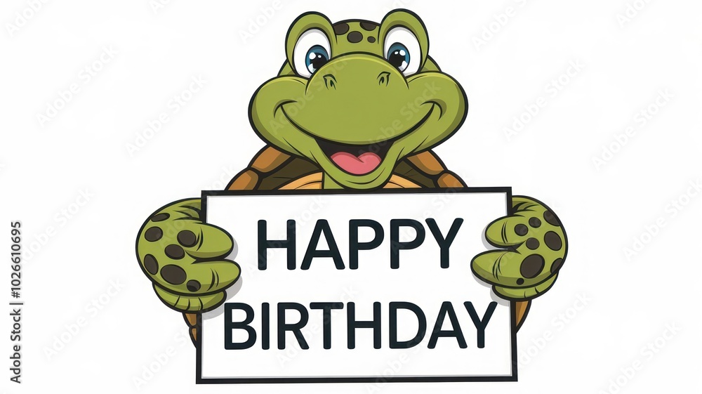 Friendly Cartoon Turtle Holds a Birthday Sign With a Cheerful Expression in Celebration Friendly Cartoon Turtle Holds a Birthday Sign With a Cheerful Expression in Celebration