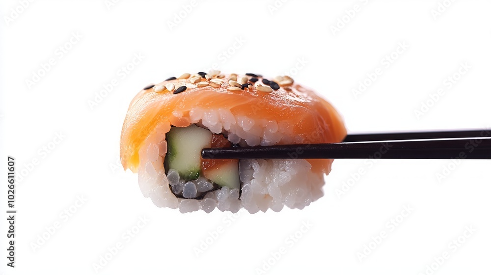 A single piece of salmon sushi with cucumber, rice, and sesame seeds, held by chopsticks against a white background. A single piece of salmon sushi with cucumber, rice, and sesame seeds, held by chopsticks against a white background.