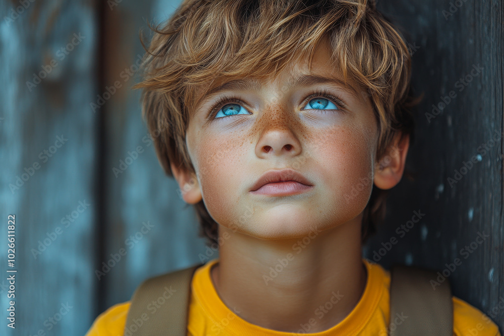 A young boy with blue eyes and a tan complexion stands with his back to the camera. He is wearing a yellow shirt and a backpack. A young boy with blue eyes and a tan complexion stands with his back to the camera. He is wearing a yellow shirt and a backpack.