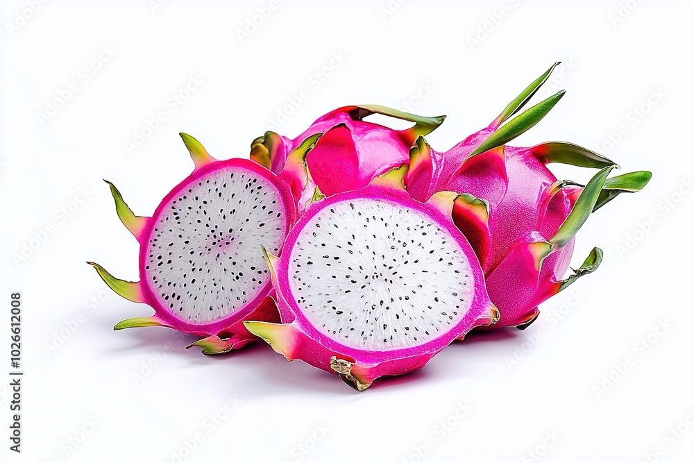 whole and sliced dragon fruits isolated on solid white background whole and sliced dragon fruits isolated on solid white background