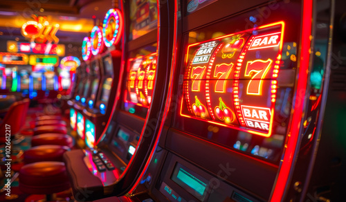 A casino with a lot of slot machines, one of which has a bar on it. The bar is lit up and has a cherry on it.