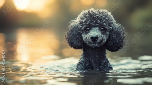 A poodle dog in the water, natural light, hyperrealistic, postprocessed, ar, vr, animal photography for advertising, editorial or social media use Generative AI photo