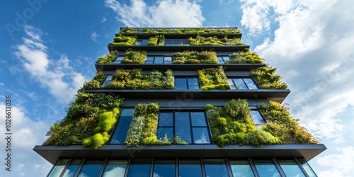 a modern office building with a green roof and vertical gardens, equipped with solar panels and energy-efficient windows, promoting sustainable architecture.  photo