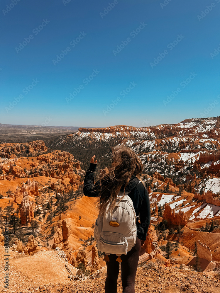 Bryce Canyon, Hiker in Bryce Canyon, woman with Canyon in Background, Nature, Landscape, Mountains, Amazing View, Tourism in Utah, USA, Hiking, Red Rocks, Hike, Sunny Day, hiking tourism Bryce Canyon, Hiker in Bryce Canyon, woman with Canyon in Background, Nature, Landscape, Mountains, Amazing View, Tourism in Utah, USA, Hiking, Red Rocks, Hike, Sunny Day, hiking tourism