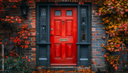 A red door with a black trim sits in front of a brick building. The door is open and the leaves on the vines are orange.