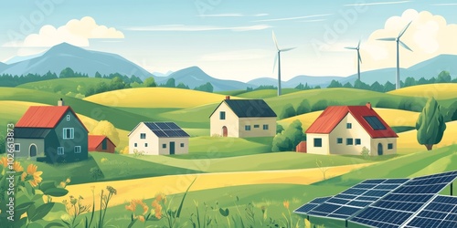 a picturesque countryside with rolling hills dotted with wind turbines, and solar panels on farm buildings, showcasing rural green energy solutions. photo