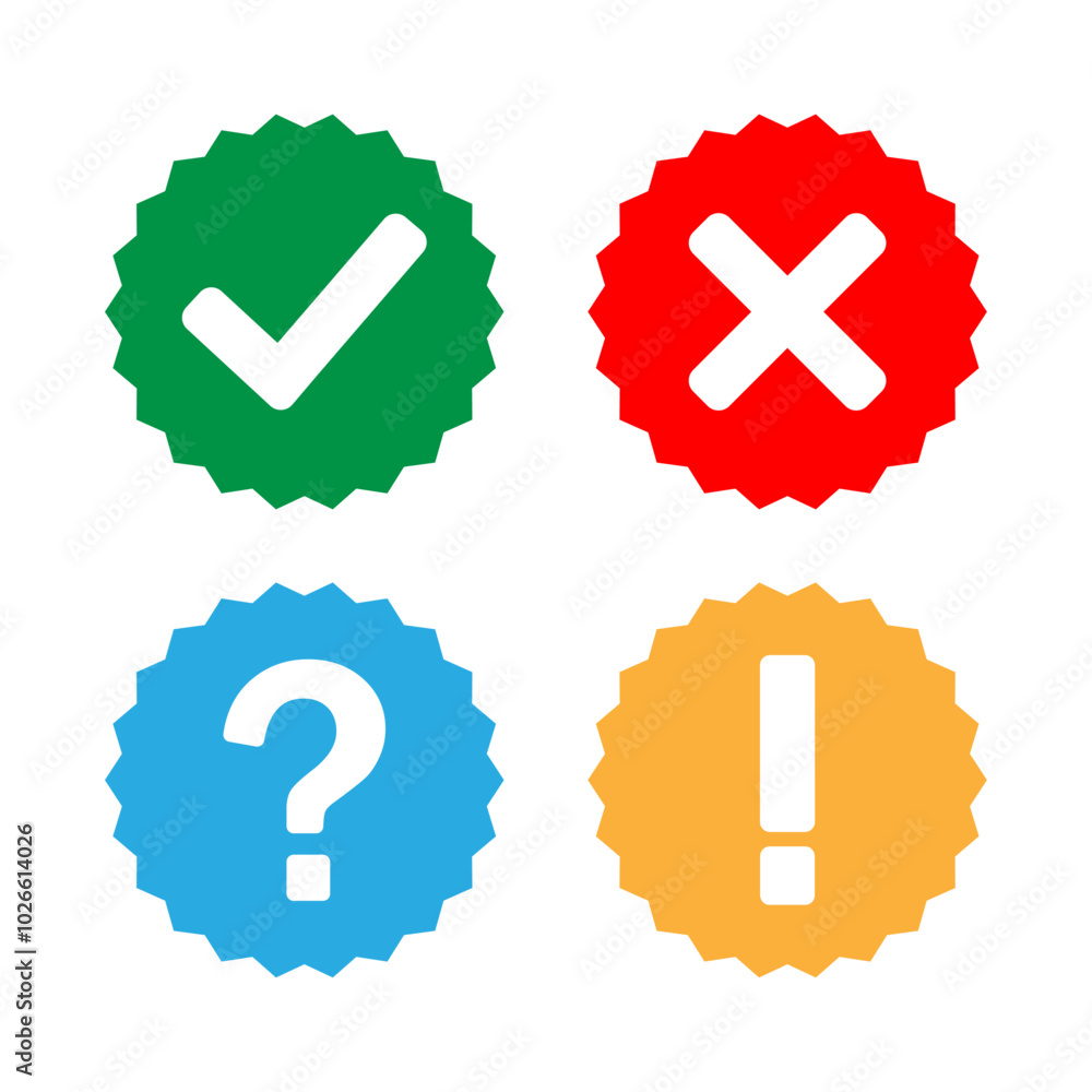 Right, wrong, question mark and exclamation symbol icon set in zig-zag circle in colored style vector illustration. Correct, incorrect icon set. Tick, cross icon button set. Check mark icons. Right, wrong, question mark and exclamation symbol icon set in zig-zag circle in colored style vector illustration. Correct, incorrect icon set. Tick, cross icon button set. Check mark icons.
