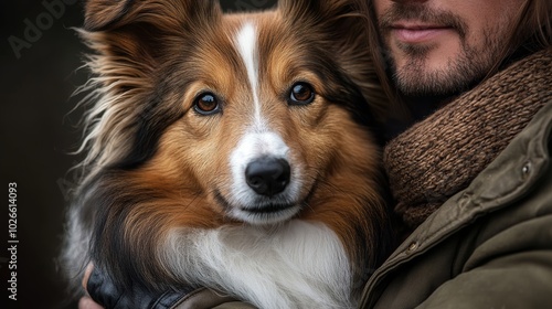 Portrait of a Shetland Sheepdog with its owner in natural light, hyperrealistic postprocessed Generative AI photo