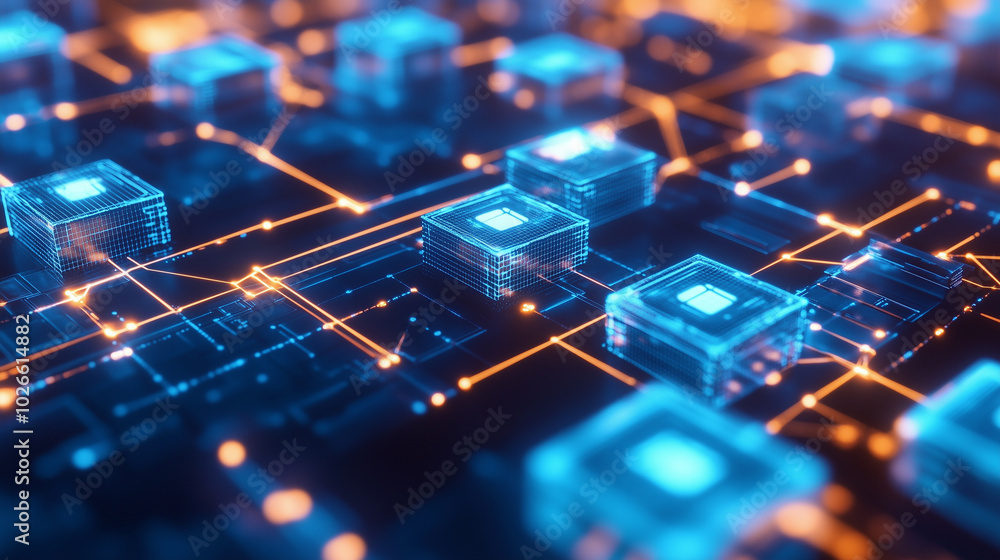 A futuristic visualization of blockchain technology, featuring glowing blue and orange blocks connected by a network of digital nodes. The digital grid represents data exchange and A futuristic visualization of blockchain technology, featuring glowing blue and orange blocks connected by a network of digital nodes. The digital grid represents data exchange and