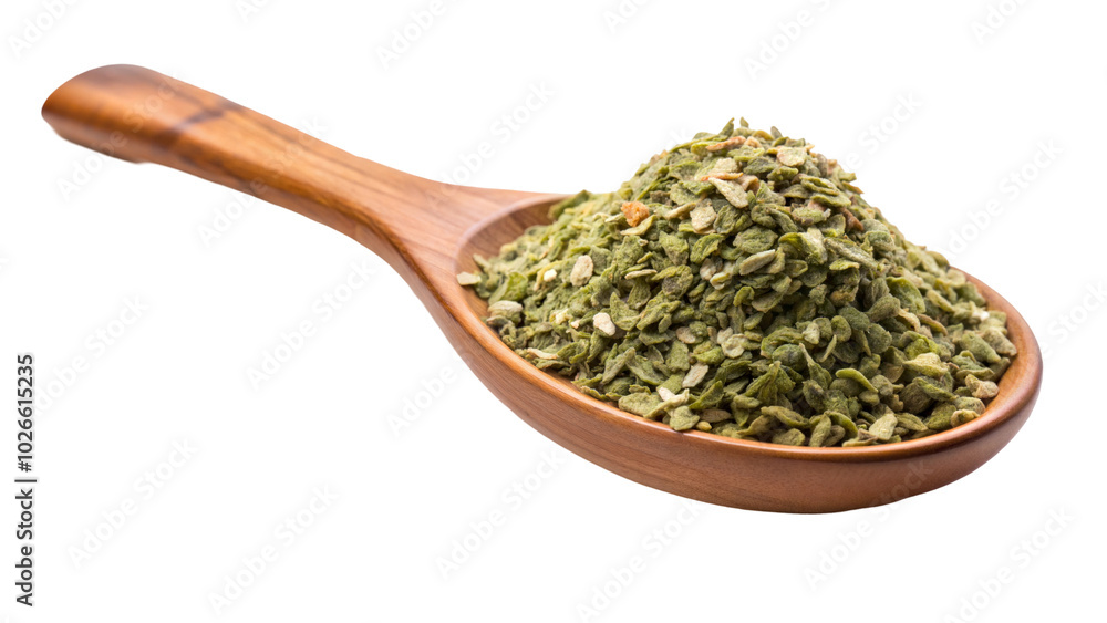 Dried oregano leaves in a wooden spoon, transparent or white background Dried oregano leaves in a wooden spoon, transparent or white background