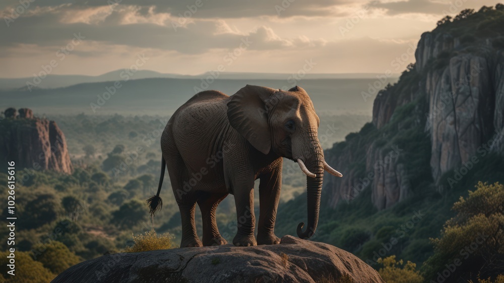Fototapeta premium A lone elephant stands on a rocky outcropping, gazing out over a vast savanna landscape at sunset.