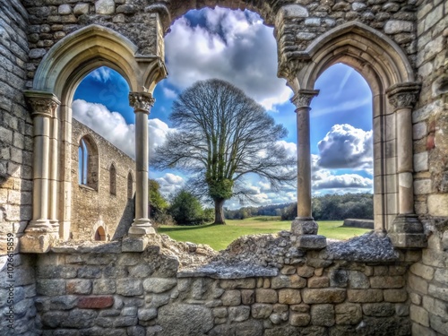 Double Exposure of Southwick Priory's Surviving Wall in Hampshire, England photo