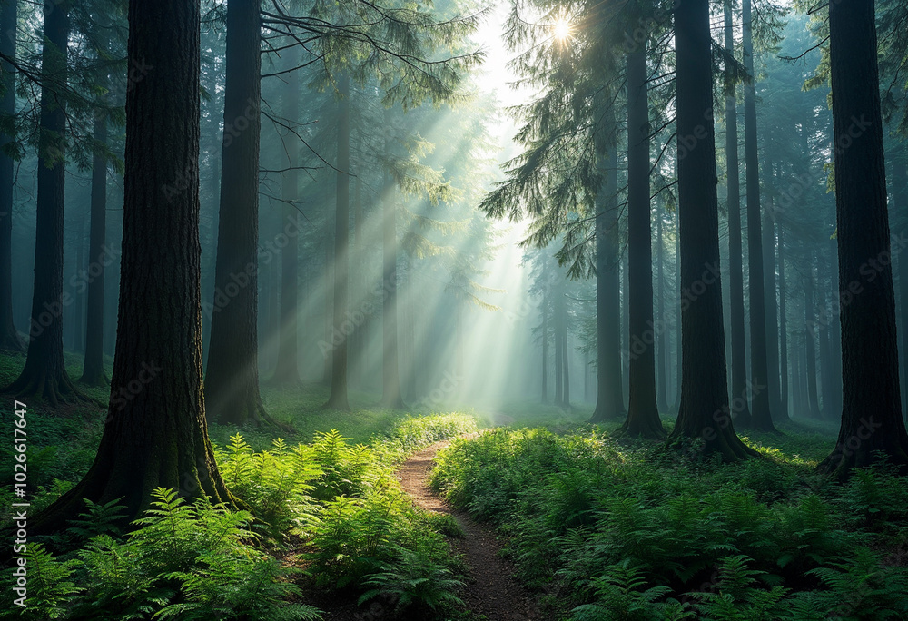 Fototapeta premium Sunlight Streaming Through Majestic Pine Forest With Ferns