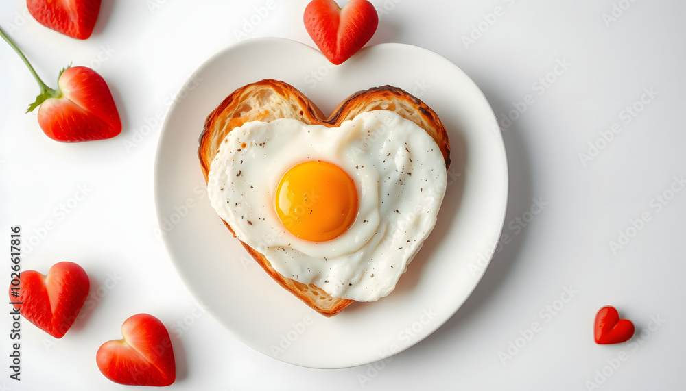 Valentines day. Breakfast with fried egg and toasted bread shapped heart, top view isolated with white highlights, png Valentines day. Breakfast with fried egg and toasted bread shapped heart, top view isolated with white highlights, png