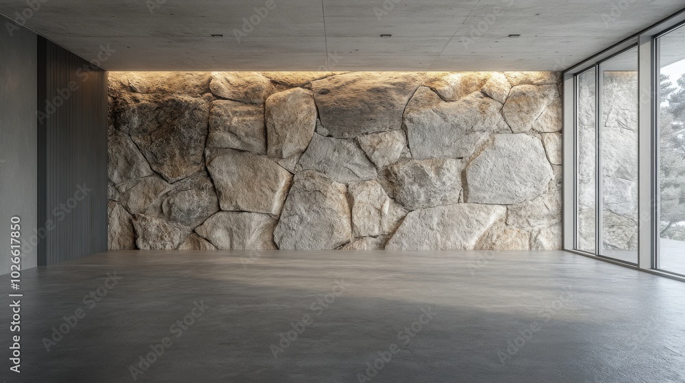 spacious empty room with a rugged stone wall as the focal point spacious empty room with a rugged stone wall as the focal point