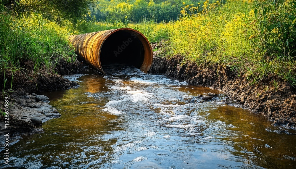 Sewer line transporting wastewater through a rural landscape in daylight Sewer line transporting wastewater through a rural landscape in daylight