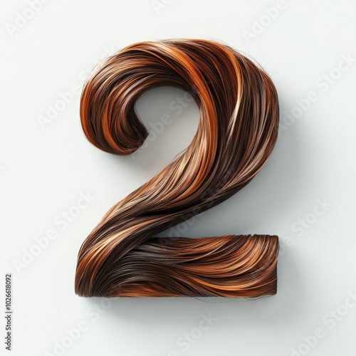 3D number 2 with hair texture realistic modern design, soft lighting, white background 