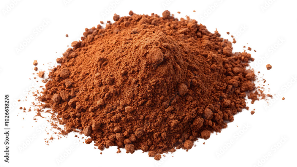 Cocoa powder heap on a transparent or white background, ideal for culinary and baking use. Cocoa powder heap on a transparent or white background, ideal for culinary and baking use.