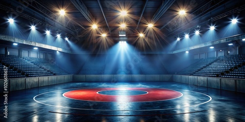 Drone Photography of Spotlit Wrestling Mat in Empty Arena for Dramatic Sports Imagery