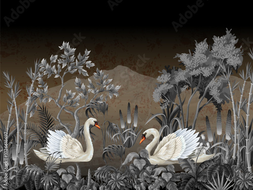 Mural with white swans and plants on the gold background. Vector.