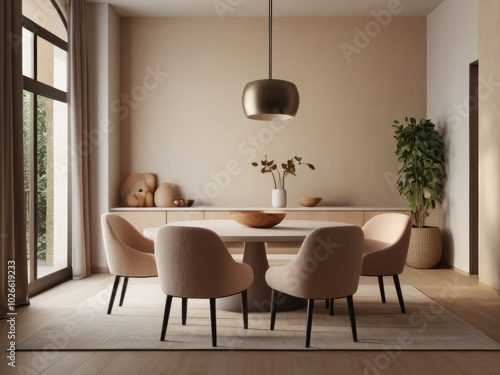 Boucle chairs at dining table in room with stucco walls and arch doorway. Minimalist interior design of modern living room