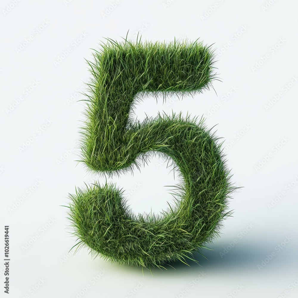 3D number 5 with grass texture realistic modern design, soft lighting, white background 3D number 5 with grass texture realistic modern design, soft lighting, white background