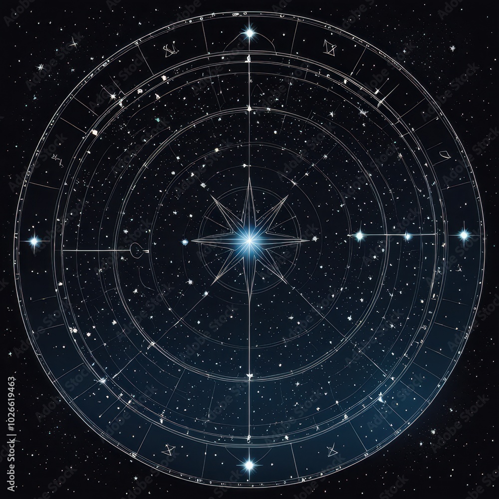 A celestial chart featuring astrological symbols and stars against a dark background. A celestial chart featuring astrological symbols and stars against a dark background.
