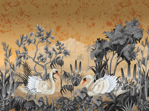 Mural with white swans and plants on the gold background. Vector.