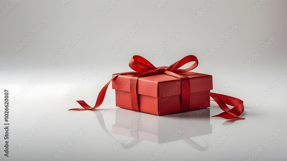 Red Gift Box with Bow: A classic red gift box with a satin ribbon bow, reflecting on a white surface. The perfect symbol for celebration, appreciation, and joy. Red Gift Box with Bow: A classic red gift box with a satin ribbon bow, reflecting on a white surface. The perfect symbol for celebration, appreciation, and joy.