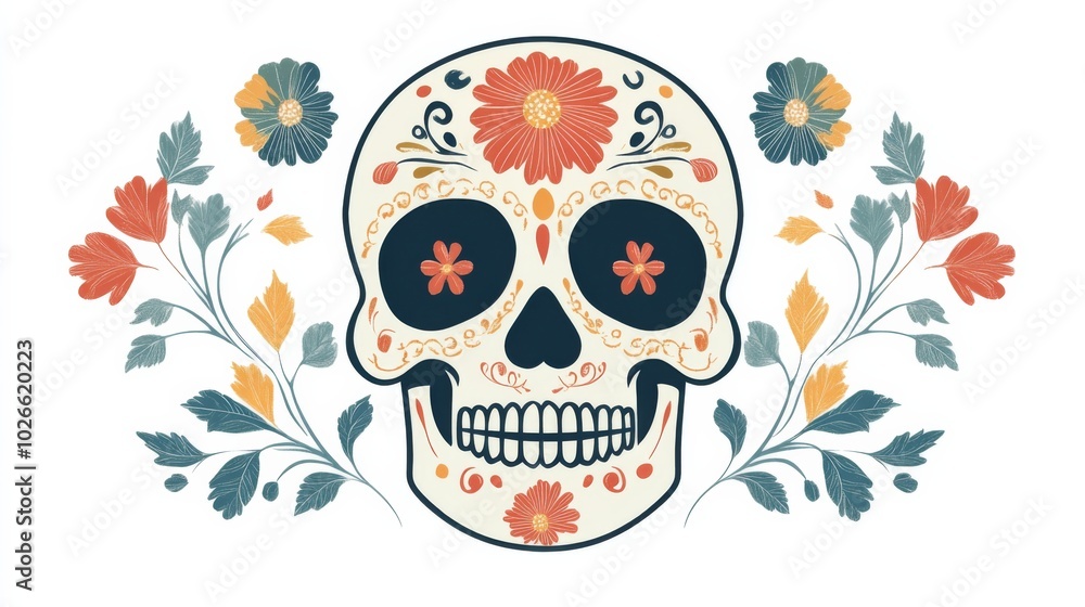 Fototapeta premium Simple line drawing of a sugar skull, capturing the essence of Día de los Muertos and Halloween.