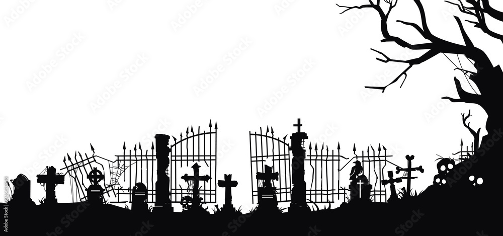 Fototapeta premium black silhouette illustration of tombstones, crosses and gravestones, cemetery elements with creepy fence. cemetery panorama