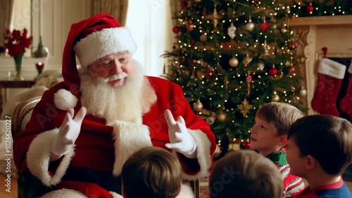 Santa Claus chatting with his grandsons