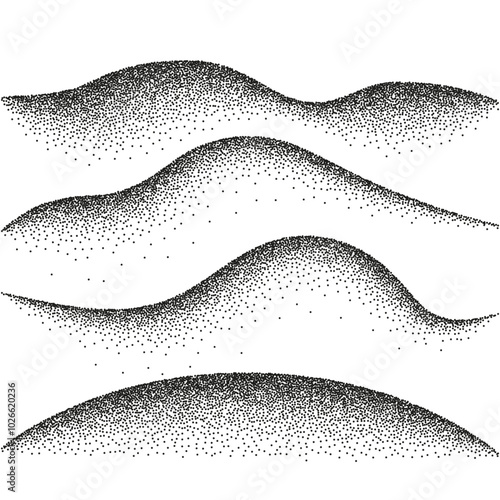 Abstract dot stipple waves. Black halftone dots particles wave pattern. Sand grain vector texture with speckles and granules isolated on transparent background. 