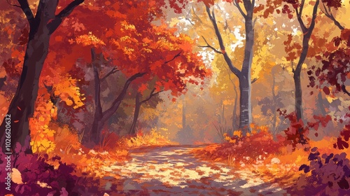 A winding path through a forest, bathed in the warm hues of autumn. The trees are ablaze with color, their leaves a riot of red, orange, and yellow