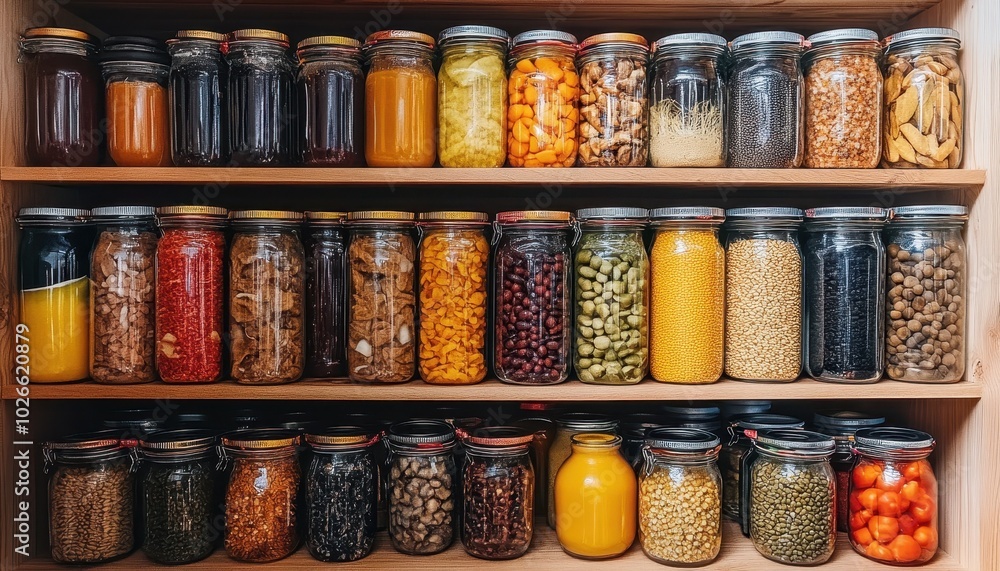 Organizing a pantry with neatly arranged jars of colorful food Organizing a pantry with neatly arranged jars of colorful food