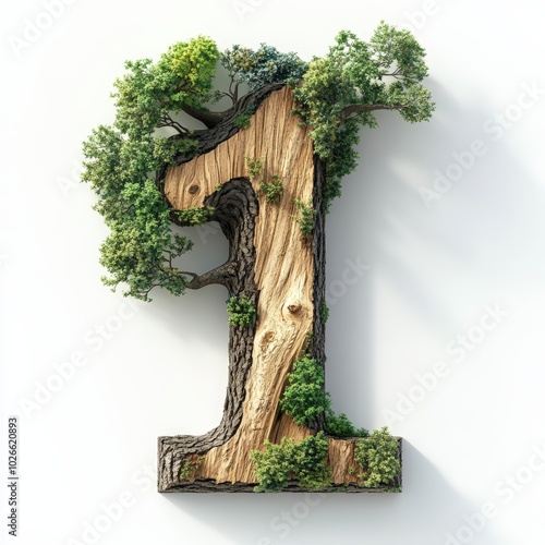 3D number 1 with tree texture realistic modern design, soft lighting, white background 