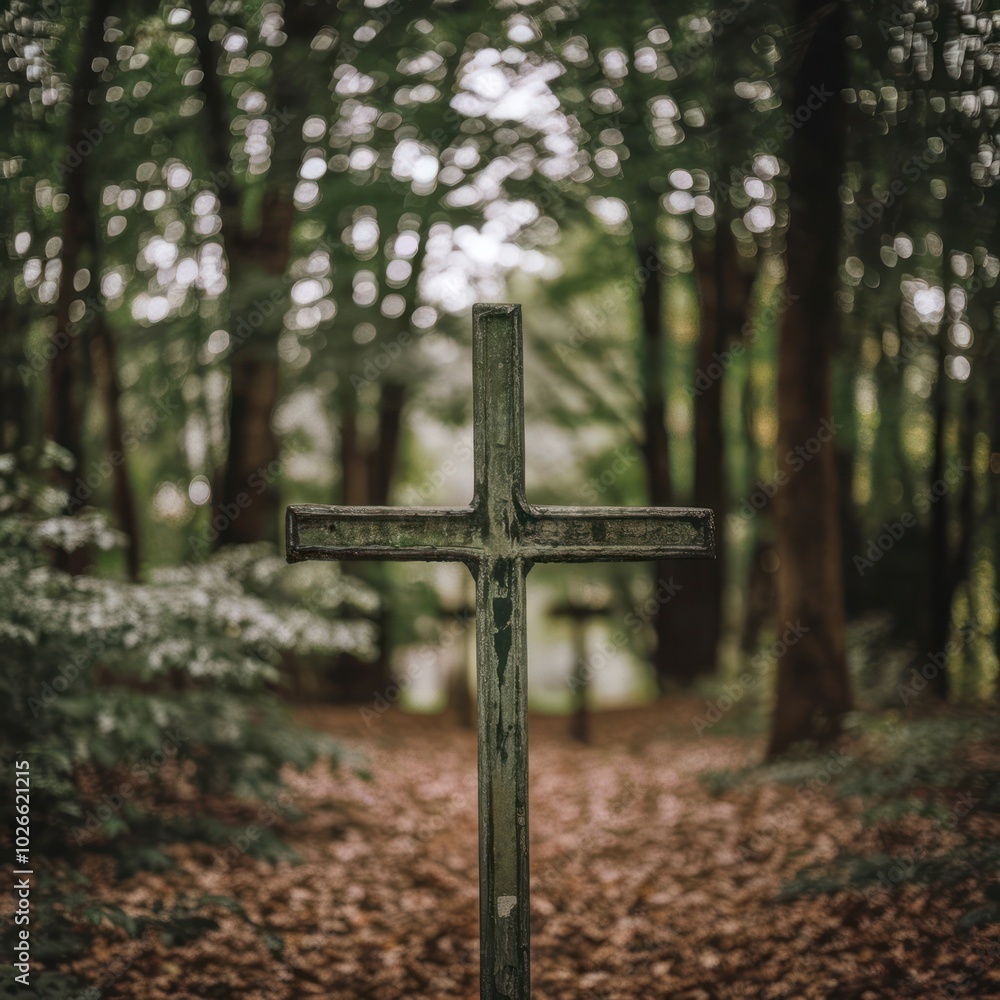 A Weathered Cross Stands Amidst Fallen Leaves in a Serene Forest During Autumn A Weathered Cross Stands Amidst Fallen Leaves in a Serene Forest During Autumn