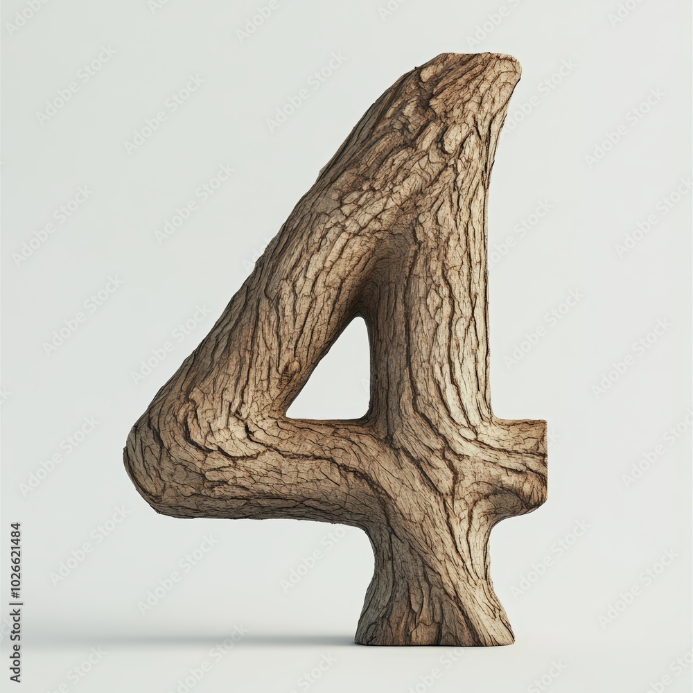 Fototapeta premium 3D number 4 with tree texture realistic modern design, soft lighting, white background 