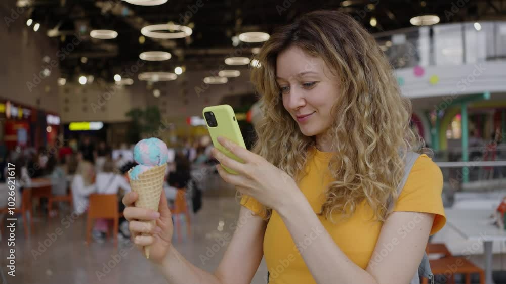 Young woman with curly blonde hair captures a photo of an ice cream cone using her smartphone while standing in a bustling food court. Bright colors and lively atmosphere surround her Young woman with curly blonde hair captures a photo of an ice cream cone using her smartphone while standing in a bustling food court. Bright colors and lively atmosphere surround her